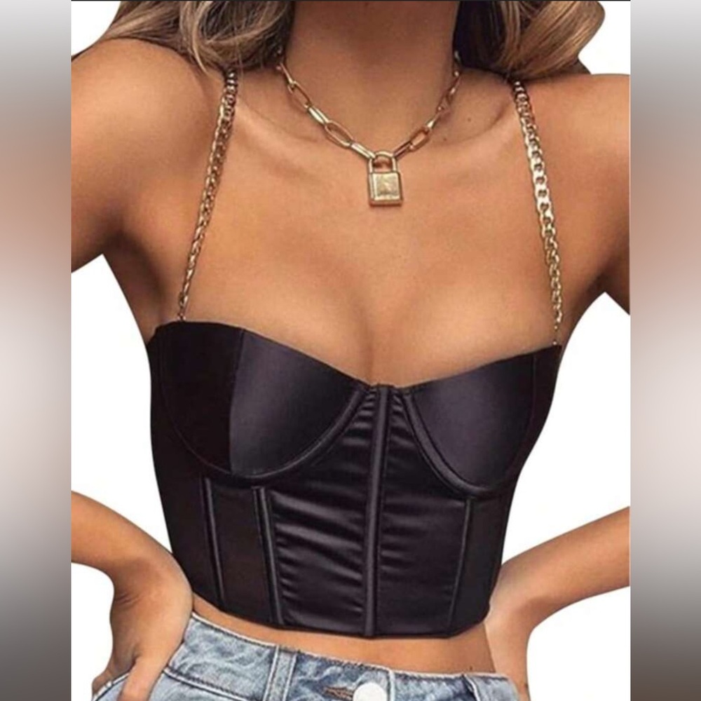 NWOT SHEIN Black Velvet Bustier Top with Gold Chain Straps